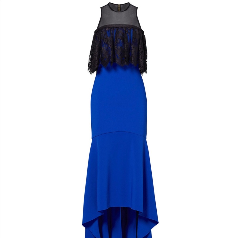 Theia Cobalt High Low Ruffle Gown RRP $995